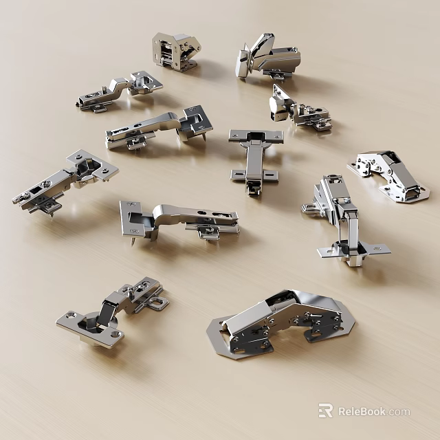Stainless Steel Furniture Hinges Assortment On Table 3d model 