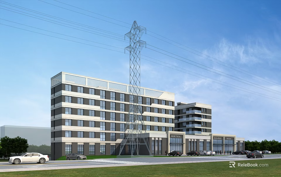 Modern Multi Story Hotel Building With Large Windows And Front Parking Area 3d model 
