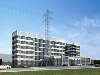 Modern Multi Story Hotel Building With Large Windows And Front Parking Area 3d model