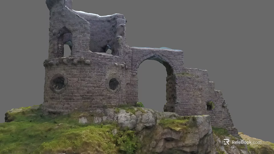 Garden Landscape with Stone Ruins on Green Grass and Rocks Featuring Archway and Round Windows 3d model 