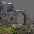 Garden Landscape with Stone Ruins on Green Grass and Rocks Featuring Archway and Round Windows