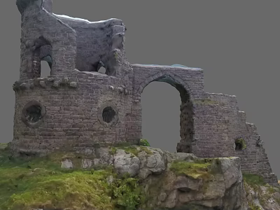 Garden Landscape with Stone Ruins on Green Grass and Rocks Featuring Archway and Round Windows 3d model