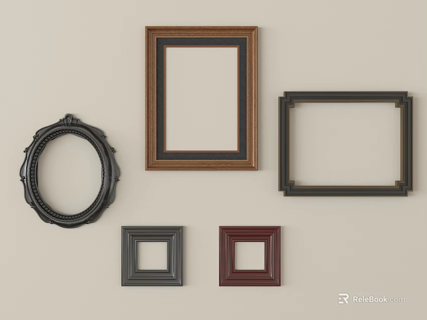 Assorted Photo Frames With Oval Square Rectangular Shapes In Brown Black And Dark Red 3d model
