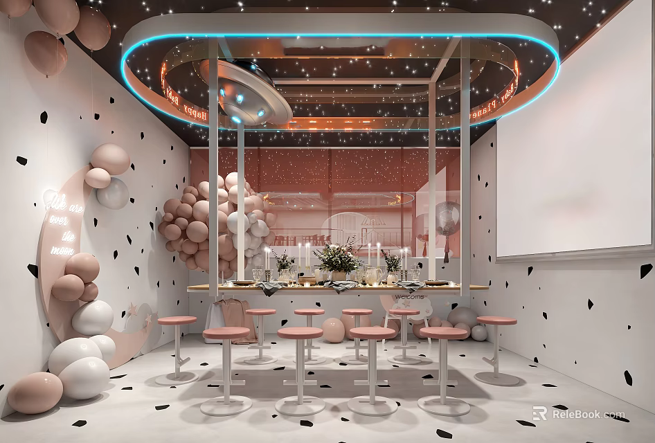 Elegant Private Room Interior With Starry Ceiling Neon Lights Bar Counter And Pink Bar Stools 3d model 