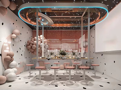 Elegant Private Room Interior With Starry Ceiling Neon Lights Bar Counter And Pink Bar Stools 3d model