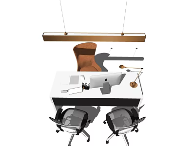 Modern Office Desk Workspace With Mac Computer Brown Chair Desk Lamp And Hanging Light 3d model