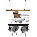 Modern Office Desk Workspace With Mac Computer Brown Chair Desk Lamp And Hanging Light