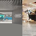 Modern Car Showroom With Glass Facade Bar Counter And Car