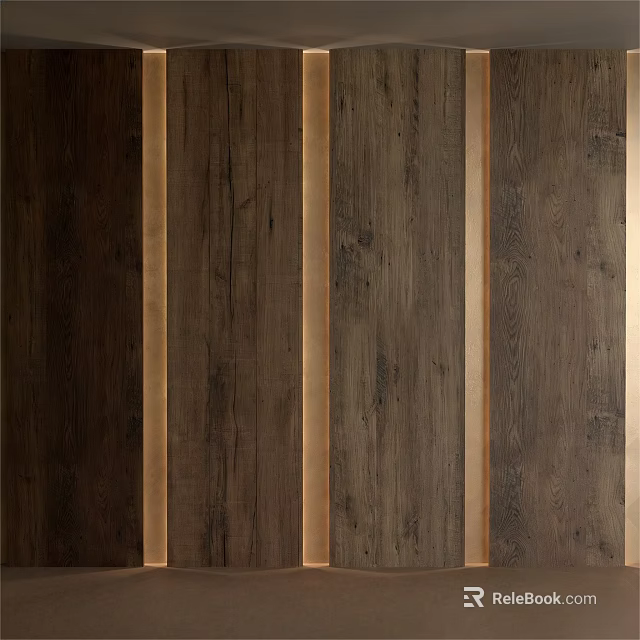 Wooden Wall Panels with Dark Wood Texture and Light Strips for Interior Design 3d model 