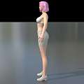Pink Haired Female Game Movie Character In Gray Tank Top Skirt And White Shoes
