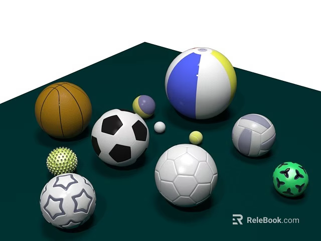 Various Colorful Sports Balls Collection On Green Surface With Different Patterns 3d model 