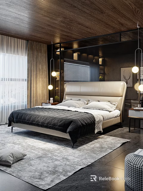 Double Bed With Beige Leather Headboard Black Quilt White Pillows Nightstands Lamps Beige Curtains Mirror 3d model 