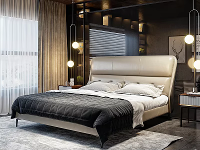 Double Bed With Beige Leather Headboard Black Quilt White Pillows Nightstands Lamps Beige Curtains Mirror 3d model