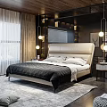 Double Bed With Beige Leather Headboard Black Quilt White Pillows Nightstands Lamps Beige Curtains Mirror