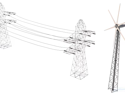 Industrial Equipment Featuring Power Transmission Towers Wind Turbines And High Voltage Lines 3d model