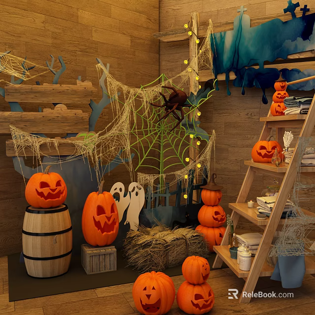 Spooky Halloween Decorative Ornaments Set With Pumpkin Lanterns Ghosts And Spider Webs 3d model 