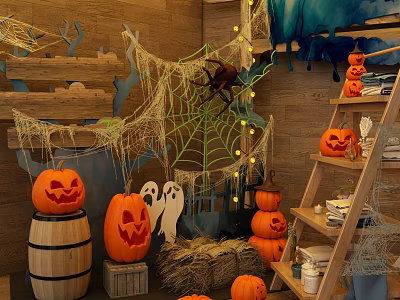 Spooky Halloween Decorative Ornaments Set With Pumpkin Lanterns Ghosts And Spider Webs 3d model