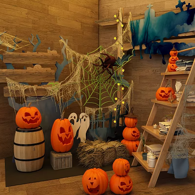 Spooky Halloween Decorative Ornaments Set With Pumpkin Lanterns Ghosts And Spider Webs 3d model