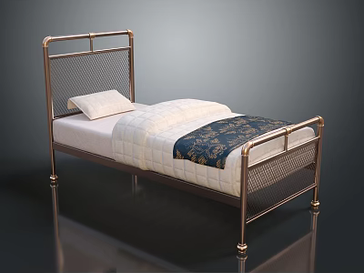 Single Bed With Metal Frame Mesh Headboard And Gold Copper Finish White Quilt Blue Throw 3d model