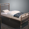 Single Bed With Metal Frame Mesh Headboard And Gold Copper Finish White Quilt Blue Throw