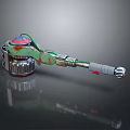 Red Top Green Mechanism Weapon With Metallic Handle And Cylindrical Body