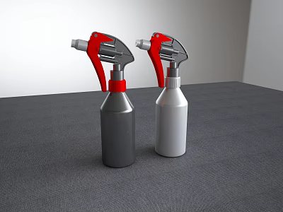 Industrial Spray Bottles With Red Nozzles In Gray And White On Gray Tabletop 3d model
