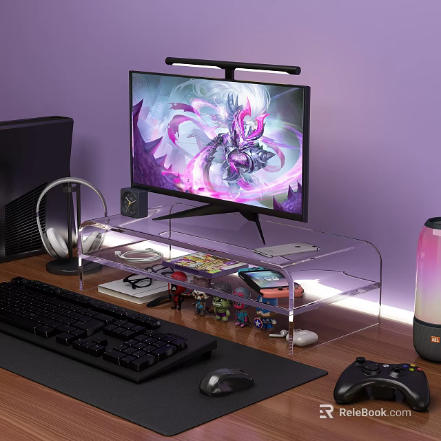 Gaming Computer Setup With Transparent Acrylic Monitor Stand Keyboard Headphones RGB Lighting And Small Figurines 3d model 