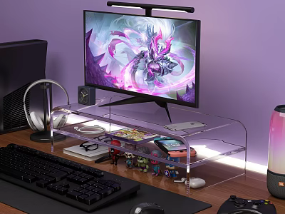 Gaming Computer Setup With Transparent Acrylic Monitor Stand Keyboard Headphones RGB Lighting And Small Figurines 3d model