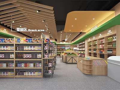 Modern Grocery Supermarket Interior Featuring Snack Area Wooden Shelves And Assorted Products 3d model
