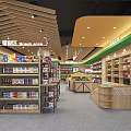 Modern Grocery Supermarket Interior Featuring Snack Area Wooden Shelves And Assorted Products