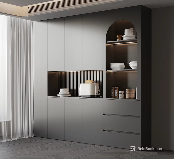 Modern Gray Sideboard With Open Shelves And Storage For Kitchenware 3d model 