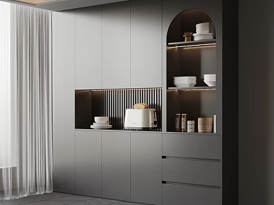Modern Gray Sideboard With Open Shelves And Storage For Kitchenware 3d model