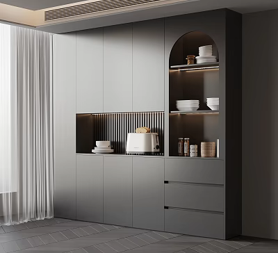 Modern Gray Sideboard With Open Shelves And Storage For Kitchenware 3d model