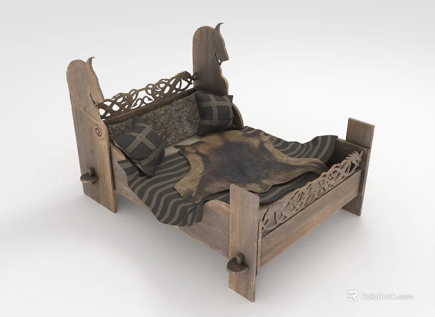 Multi Person Wooden Bed With Carved Design Striped And Animal Fur Pattern Blanket Pillows 3d model 