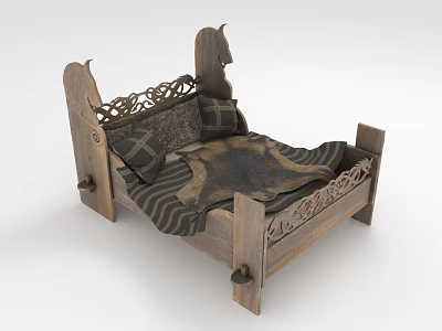 Multi Person Wooden Bed With Carved Design Striped And Animal Fur Pattern Blanket Pillows 3d model