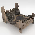 Multi Person Wooden Bed With Carved Design Striped And Animal Fur Pattern Blanket Pillows