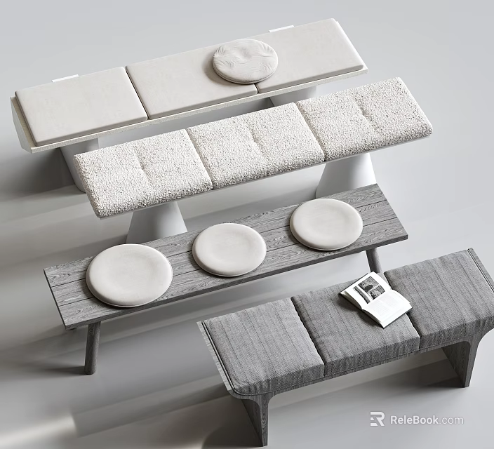 Stylish Modern Gray Fabric Upholstered Benches With Round Cushions And Wooden Frames 3d model 