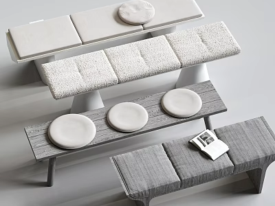 Stylish Modern Gray Fabric Upholstered Benches With Round Cushions And Wooden Frames 3d model