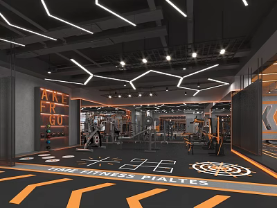 Modern Gym Interior With Fitness Equipment And Lighting 3d model