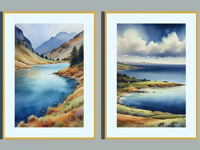 Vibrant Natural Landscape Paintings With Mountain Lake Trees Clouds And Coastline 3d model