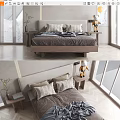 Modern Double Bed With Wooden Frame Upholstered Headboard Plush Pillows And Linen Bedding