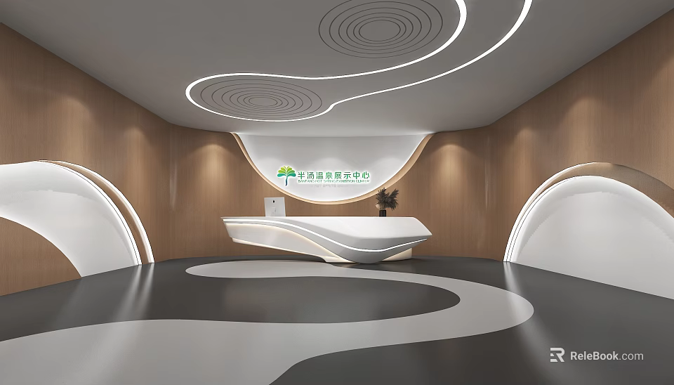 Modern Reception Desk in Hangzhou Institute With Curved Lines Wooden Walls and Circular Ceiling Lights 3d model 