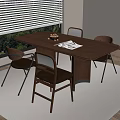 Walnut Wood Dining Table Set With Four Rattan Back Chairs On White Rug And Greenery Outside Window