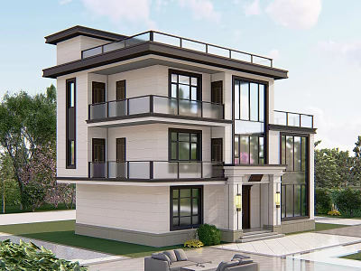 Modern Style Detached Villa Exterior With Large Glass Windows Balconies And Greenery 3d model