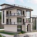 Modern Style Detached Villa Exterior With Large Glass Windows Balconies And Greenery