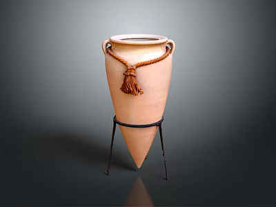Terracotta Conical Vase With Rope Tassel Decoration On Iron Stand 3d model