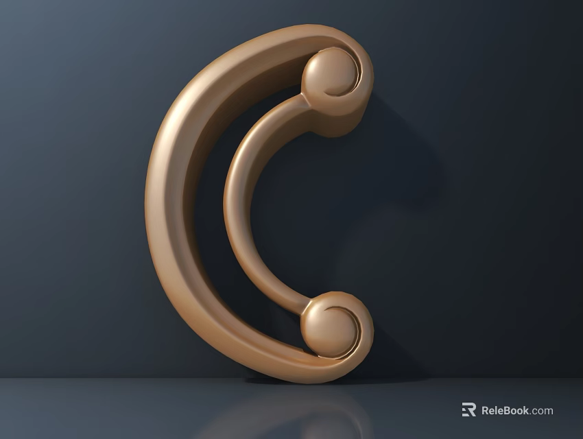 Gold Metal Carved Decoration with Curved Design and Round Elements on Dark Background with Reflection 3d model 