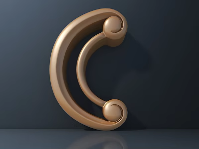 Gold Metal Carved Decoration with Curved Design and Round Elements on Dark Background with Reflection 3d model
