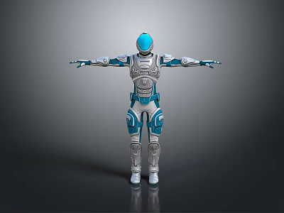 Futuristic Robot Game Movie Character With Blue And White Armor Arms Outstretched 3d model