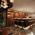 Vibrant Bar Interior Featuring Colorful Tiled Floor Pendant Lights Tables And Chairs